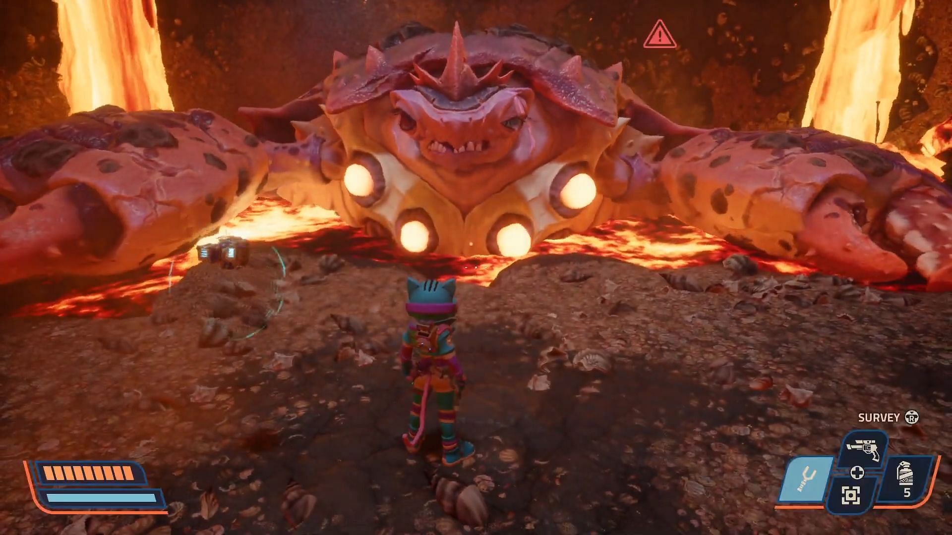 Shoot the glowing yellow circles to eliminate Clawbarella (Image via Raccoon Logic Studios Inc. // YouTuber@Hikikomori Gaming)